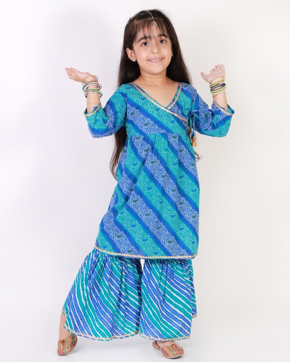 Classic Blue Lehariya Girls Anarkali Sharara Set - SS-CGLKS-0-6