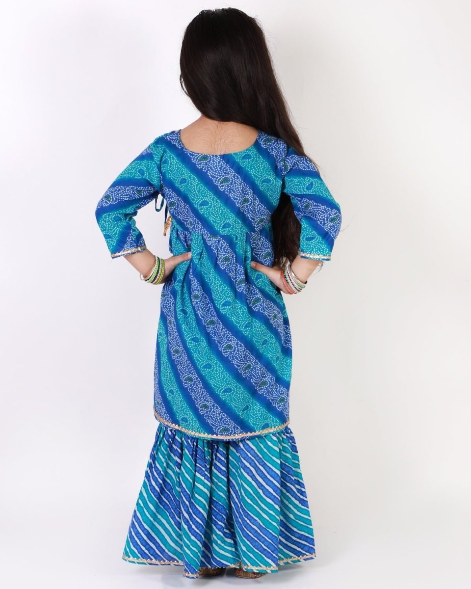Classic Blue Lehariya Girls Anarkali Sharara Set - SS-CGLKS-0-6