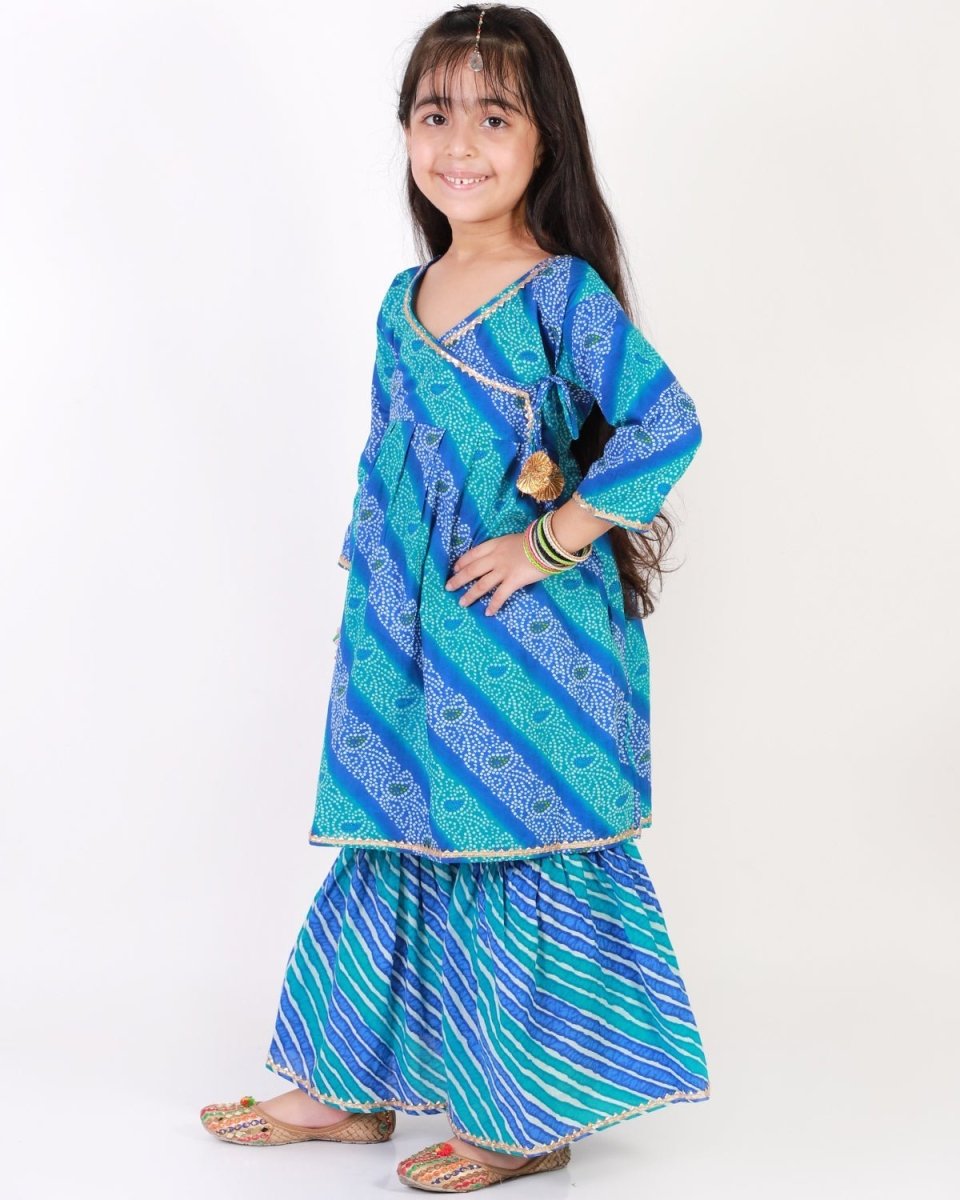 Classic Blue Lehariya Girls Anarkali Sharara Set - SS-CGLKS-0-6