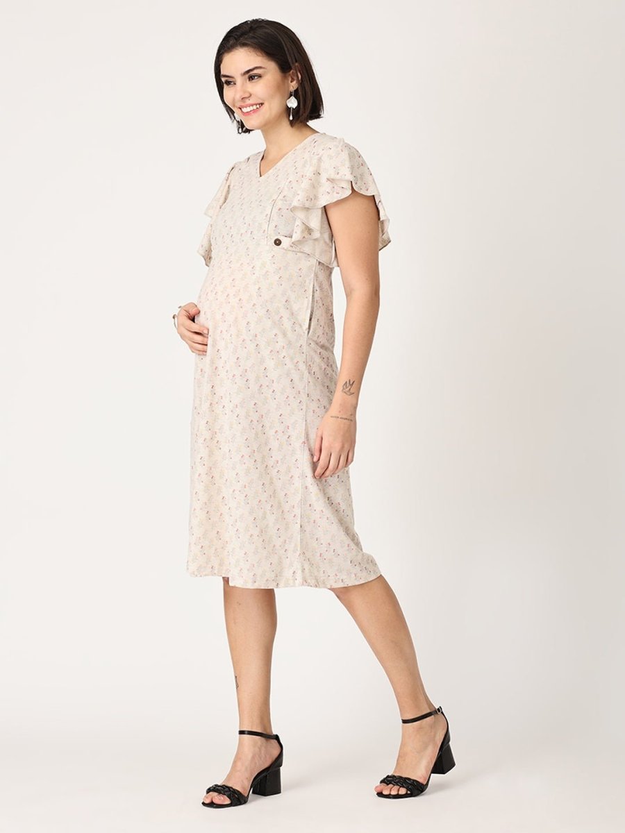 Cloud Cream Floral Maternity and Nursing Dress - DRS-BGFRL-S
