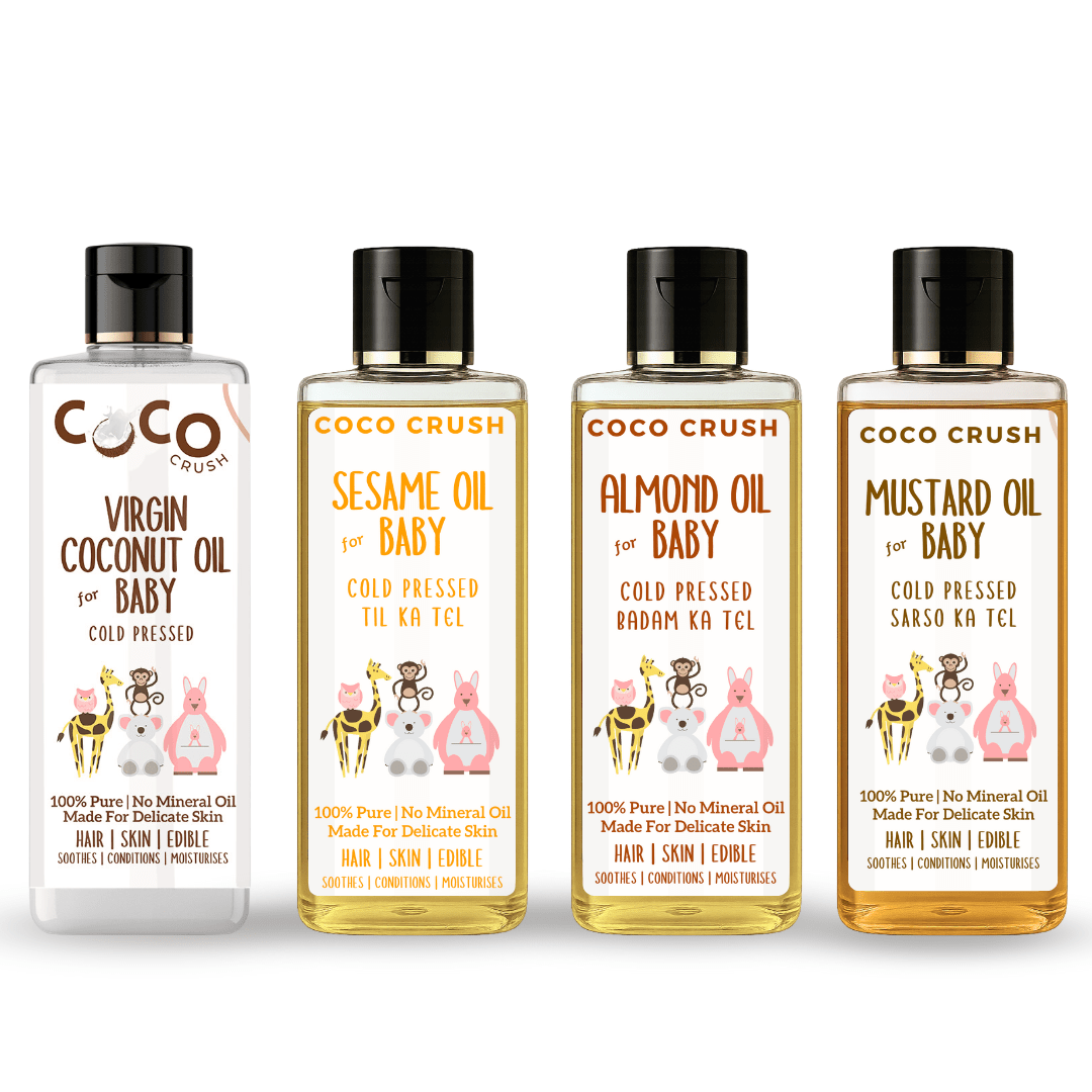 Coco Crush Almond, Coconut, Sesame & Mustard, Pure & Organic Baby Oil Combo - BAAL50BACO50BASE50BAMUS50
