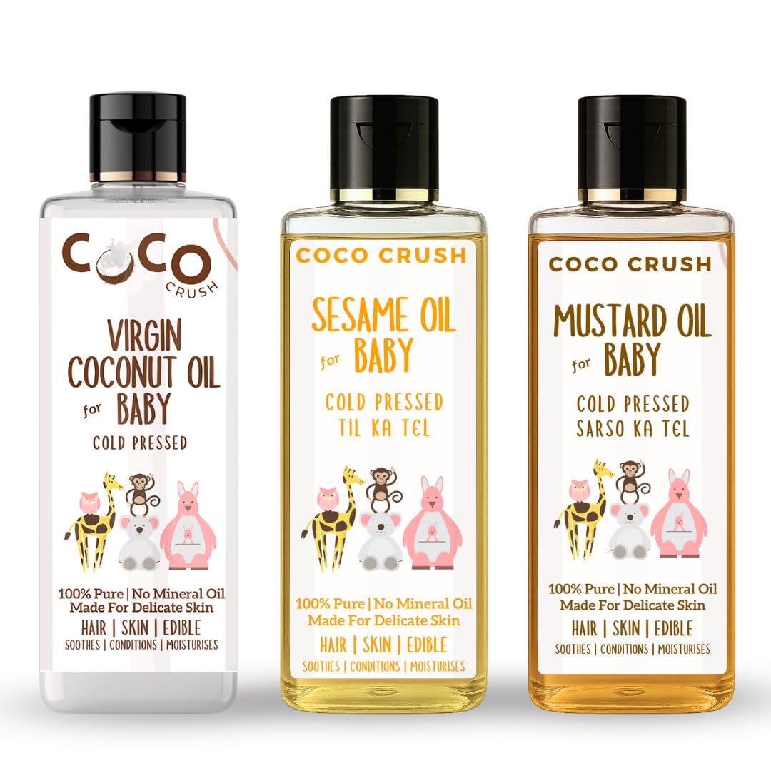 Coco Crush Cold Pressed Coconut, Sesame & Mustard Baby Massage Oil Combo - BACO50BASE50BAMUS50