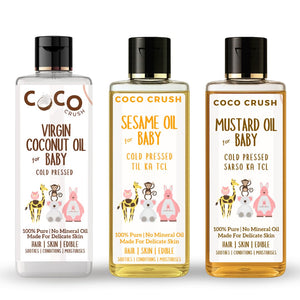Coco Crush Cold Pressed Coconut, Sesame & Mustard Baby Massage Oil Combo - BACO50BASE50BAMUS50