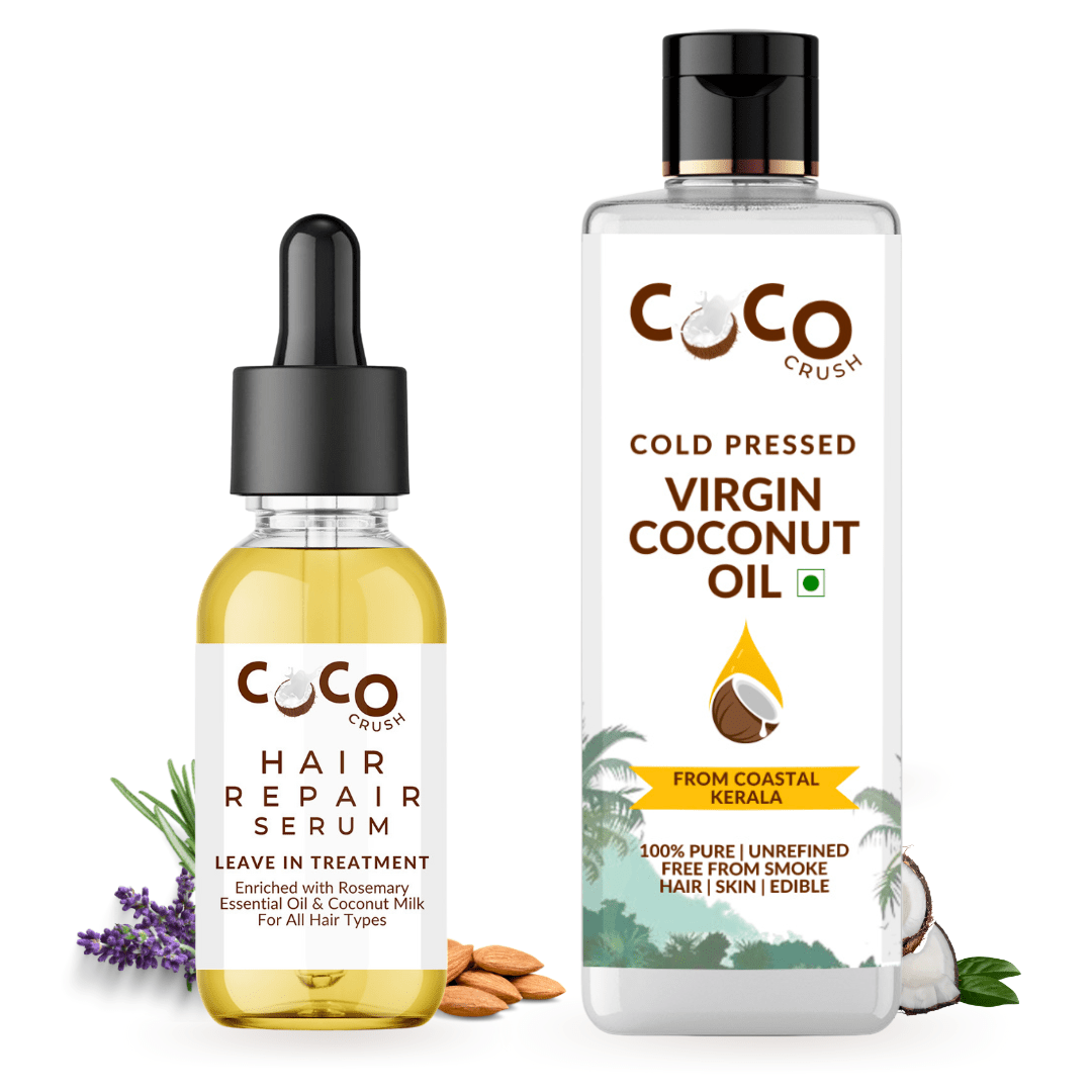 Coco Crush Pack of Virgin Coconut Oil & Leave - in Hair Repair Treatment Serum with Rosemary Oil, Pack of 2 - 215ml (200ml+15ml) - HLIN15CO200