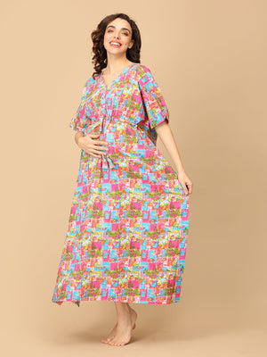 Color Crush Maternity and Nursing Kaftan Nighty - NW - SK - CLRSH - S