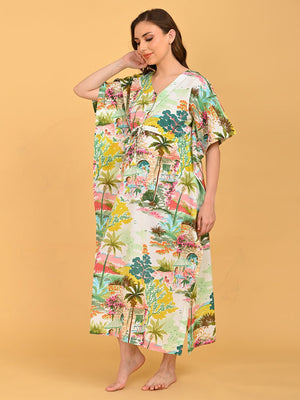 Colour Riot Maternity and Nursing Kaftan Nighty angled front view with model emphasizing comfort and nursing-friendly design.