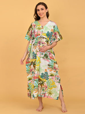 Colour Riot Maternity and Nursing Kaftan Nighty full-length walking pose displaying flowy hem and side slit.