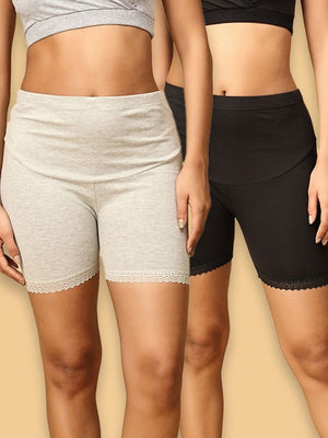 2 models wearing grey and black coloured high waisted mama boyshorts from the Mom Store