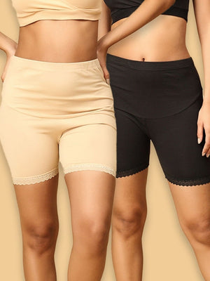 2 models wearing black and beige coloured high waisted mama boyshorts from the Mom Store