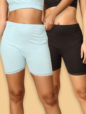 2 models wearing blue and black coloured high waisted mama boyshorts from the Mom Store