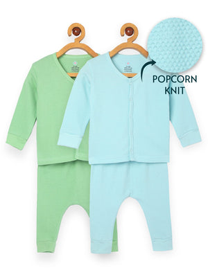 Combo of 2 Popcorn Knit Pastel Blue & Green Coloured Infant Top and Bottom Set from the mom store