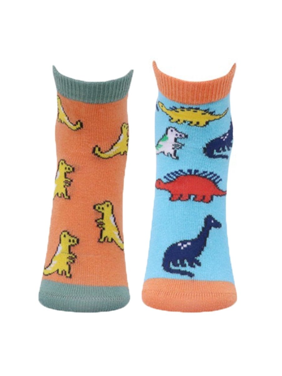 Combo Of 2 Kids Ankle Length Socks:My Dino:Orange, Aqua - SOC2-AF-MDOA-6-12