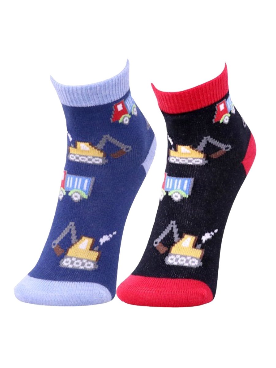 Combo Of 2 Kids Ankle Length Socks:Truck Time: Black, Navy - SOC2-AF-TRTBN-6-12
