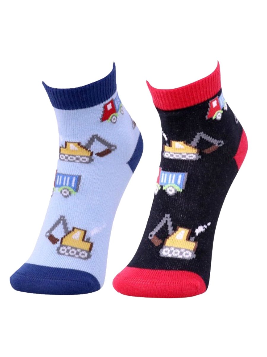 Combo Of 2 Kids Ankle Length Socks:Truck Time: Blue, Black - SOC2-AF-TRTBBK-6-12