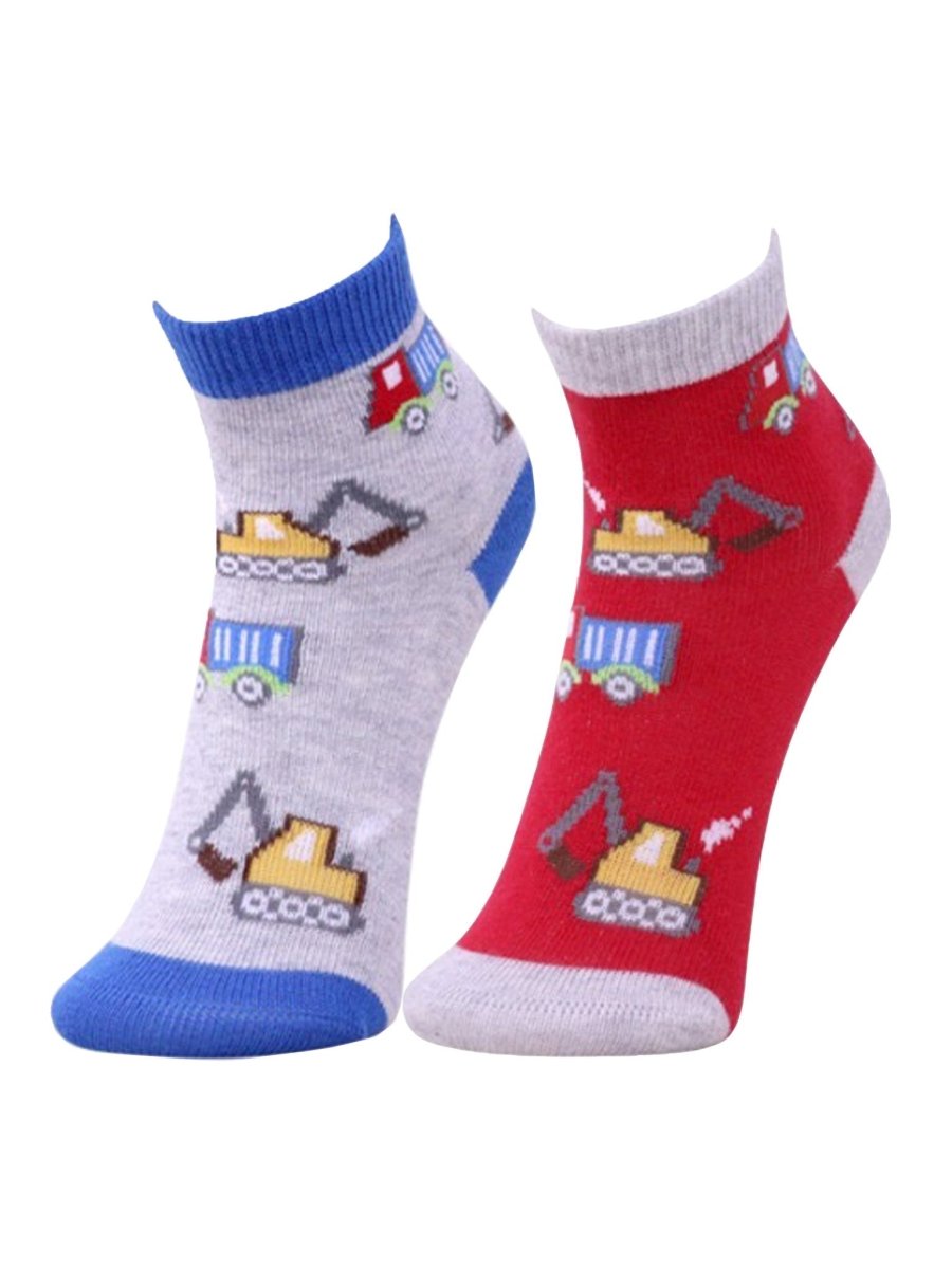 Combo Of 2 Kids Ankle Length Socks:Truck Time: Grey, Red - SOC2-AF-TRTGR-6-12