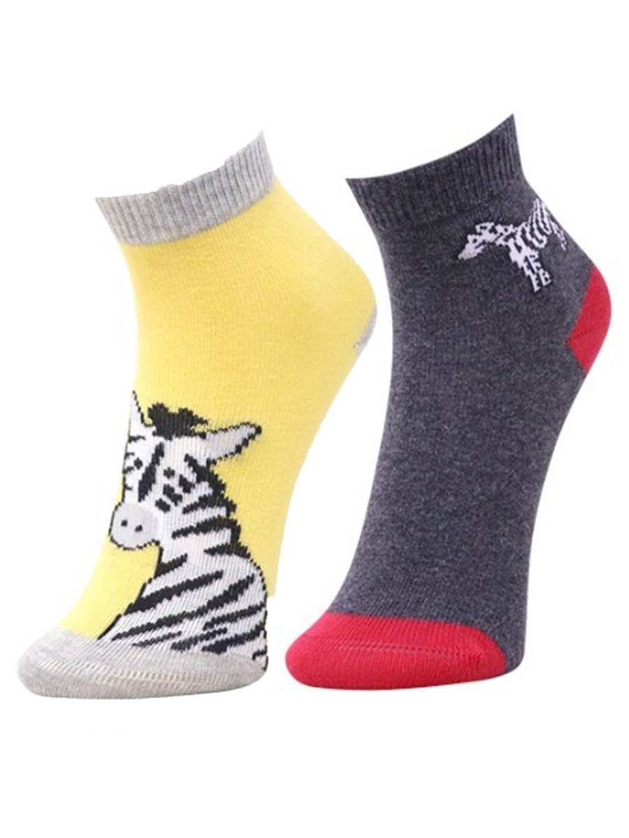 Combo Of 2 Kids Ankle Length Socks:Zebra:Yelllow, Ash - SOC2-AF-ZBYL-6-12