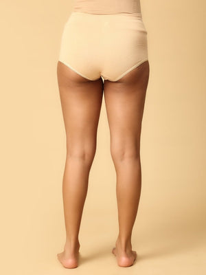 backside posed model wearing beige over belly support maternity panties from the mom store