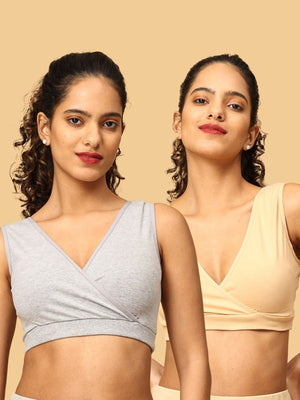 2 models wearing beige, and grey maternity nursing sleep bra from the Mom Store
