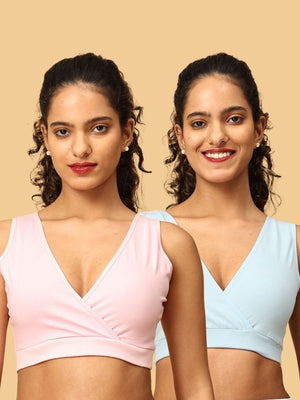 2 models wearing blue and pink maternity nursing sleep bra from the Mom Store