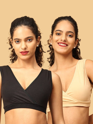 2 models wearing black and beige maternity nursing sleep bra from the Mom Store
