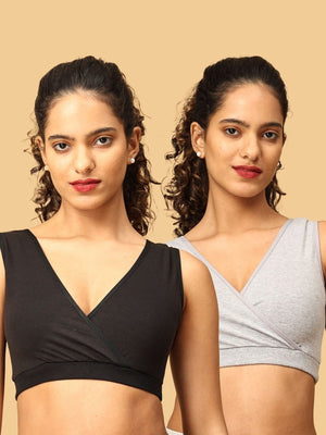 Model wearing grey maternity nursing sleep bra from the Mom Store