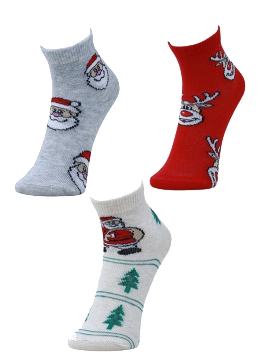 Combo Of 3 Kids Ankle Length Socks:Dear Santa: Grey,Red, Ecru - SOC3-AF-DGRE-6-12