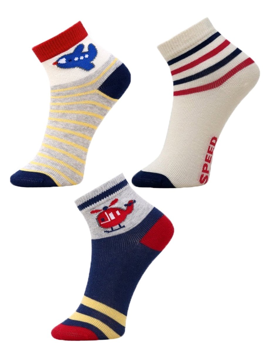 Combo Of 3 Kids Ankle Length Socks:Rider:Off White,Grey,Navy - SOC3-AF-ROGN-6-12