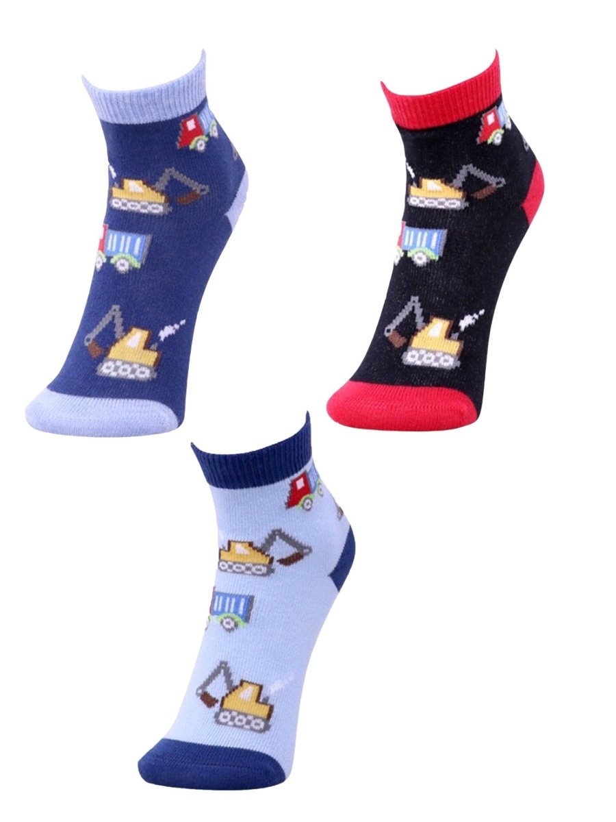 Combo Of 3 Kids Ankle Length Socks:Truck Time:Blue, Black, Navy - SOC3-AF-TBLBN-6-12