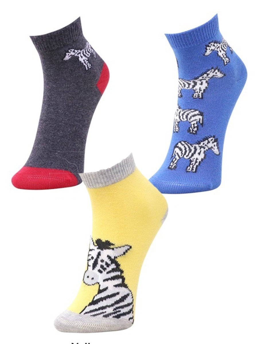 Combo Of 3 Kids Ankle Length Socks:Zebra:Yellow, Ash, Blue - SOC3-AF-ZYAB-6-12