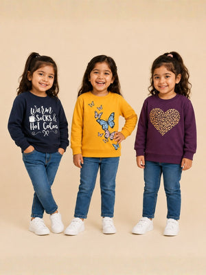 Combo of 3 Kids Sweatshirts - Cream-Yellow-Light Blue Kids Winter Sweatshirts
