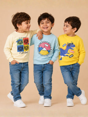 Combo of 3 Kids Sweatshirts - Cream-Yellow-Light Blue Kids Winter Sweatshirts