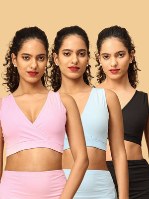 3 models wearing pink, blue and black maternity nursing sleep bra