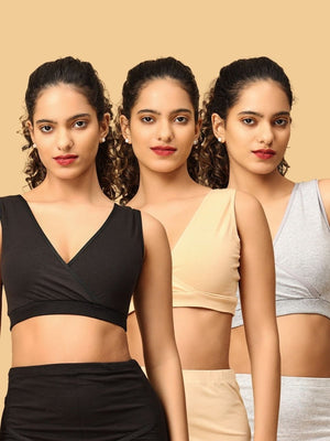 3 models wearing beige, black and grey maternity nursing sleep bra from the Mom Store