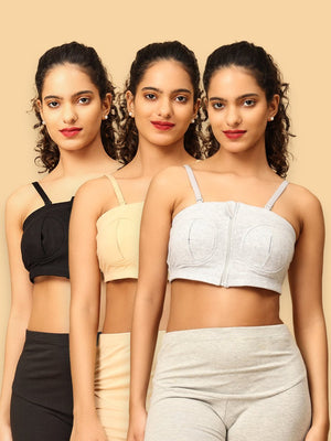 3 models wearing beige, black and grey nursing pumping bra from the Mom store