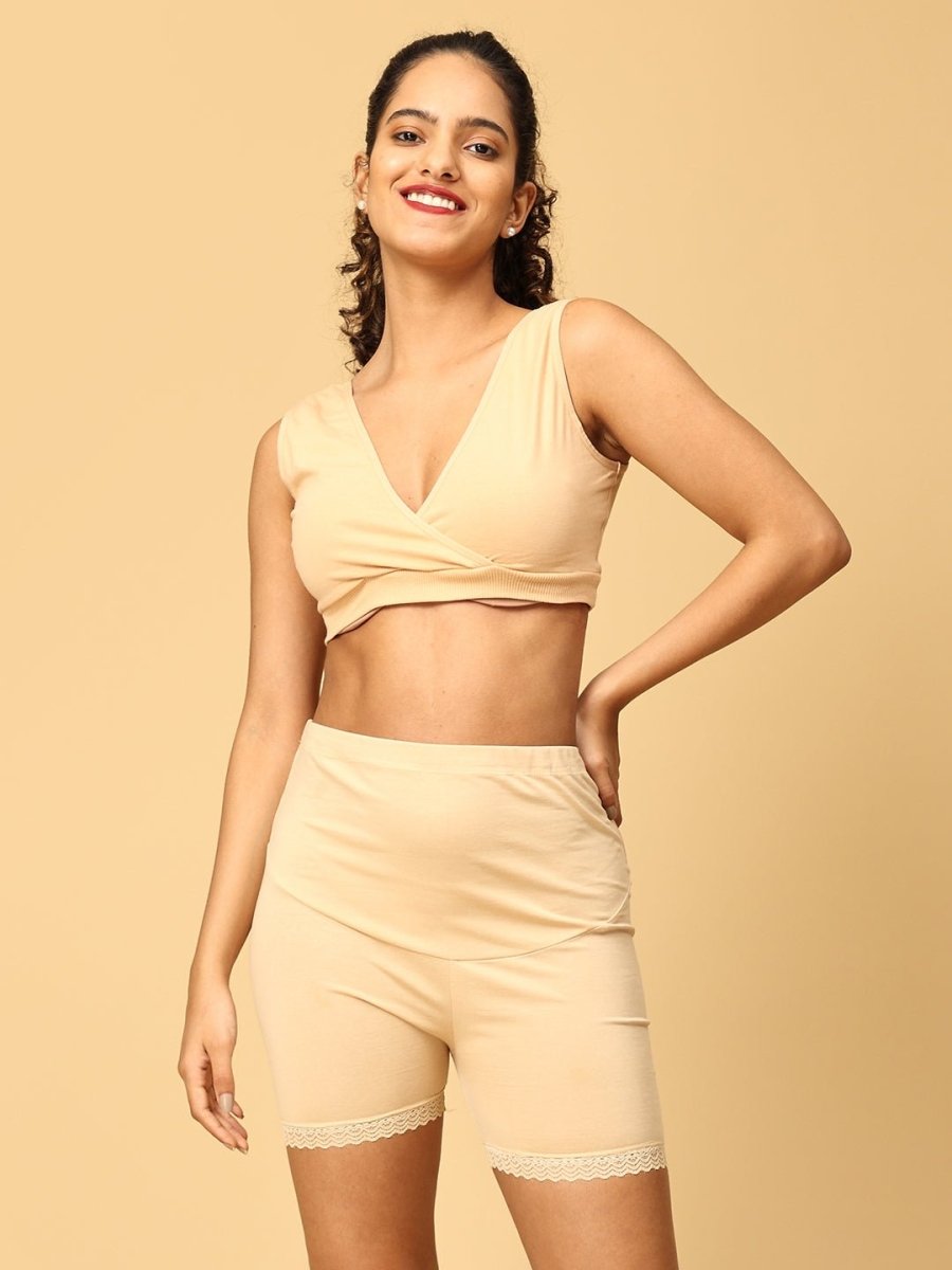 Combo of Beige High Waist Maternity Boyshort and Maternity Nursing Sleep Bra - LNGR2-BGE-BYSB-S