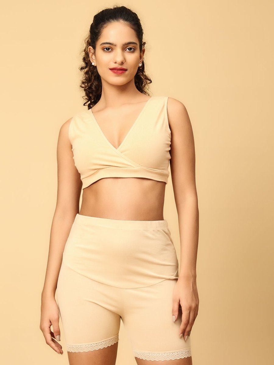 Combo of Beige High Waist Maternity Boyshort and Maternity Nursing Sleep Bra - LNGR2-BGE-BYSB-S