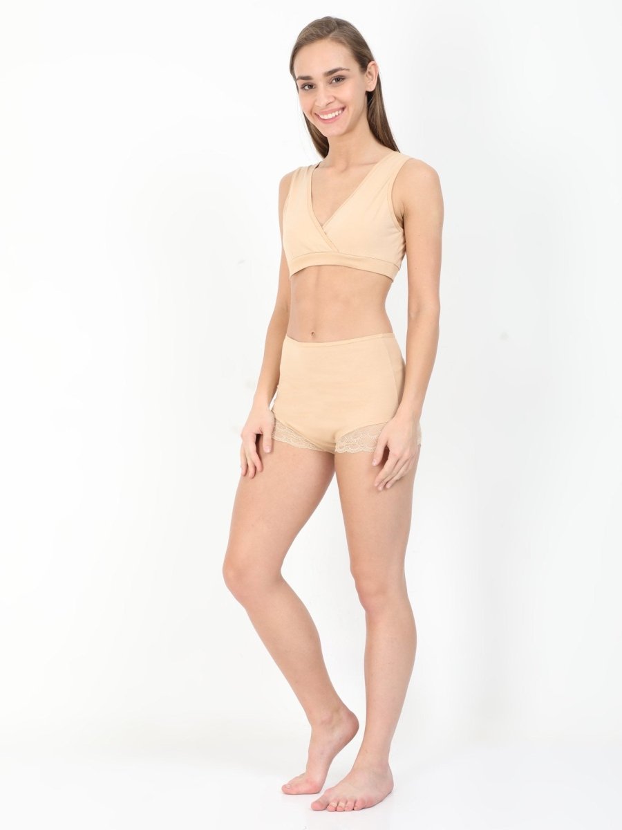 Combo of Beige Maternity Over belly High Waist Lace Panty and Maternity Nursing Sleep Bra - LNGR2-BGE-LPSB-S