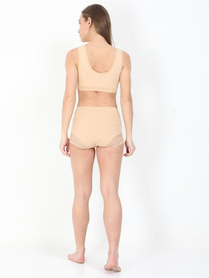 Playful pose by Model wearing Beige Maternity Over belly High Waist Lace Panty and Maternity Nursing Sleep Bra from the mom store facing back