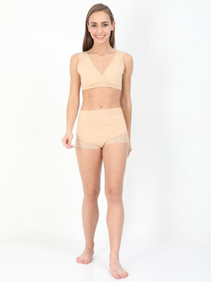 Model wearing Beige Maternity Over belly High Waist Lace Panty and Maternity Nursing Sleep Bra from the mom store