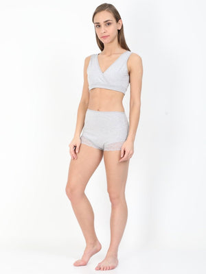 Sidepose by Model wearing gray Maternity Over belly High Waist Lace Panty and Maternity Nursing Sleep Bra from the mom store