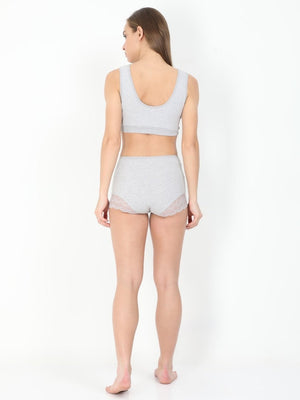  Model wearing gray Maternity Over belly High Waist Lace Panty and Maternity Nursing Sleep Bra from the mom store facing back
