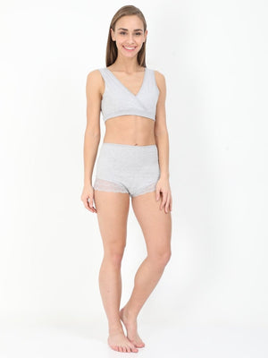 Playful pose by Model wearing gray Maternity Over belly High Waist Lace Panty and Maternity Nursing Sleep Bra from the mom store