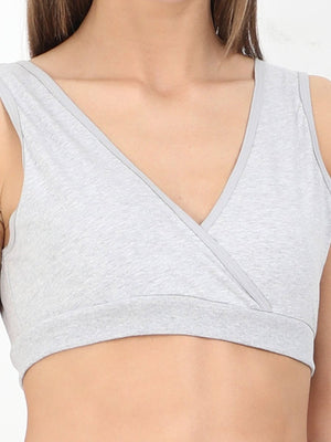 Close up of torso of Model wearing gray Maternity Over belly High Waist Lace Panty and Maternity Nursing Sleep Bra from the mom store 