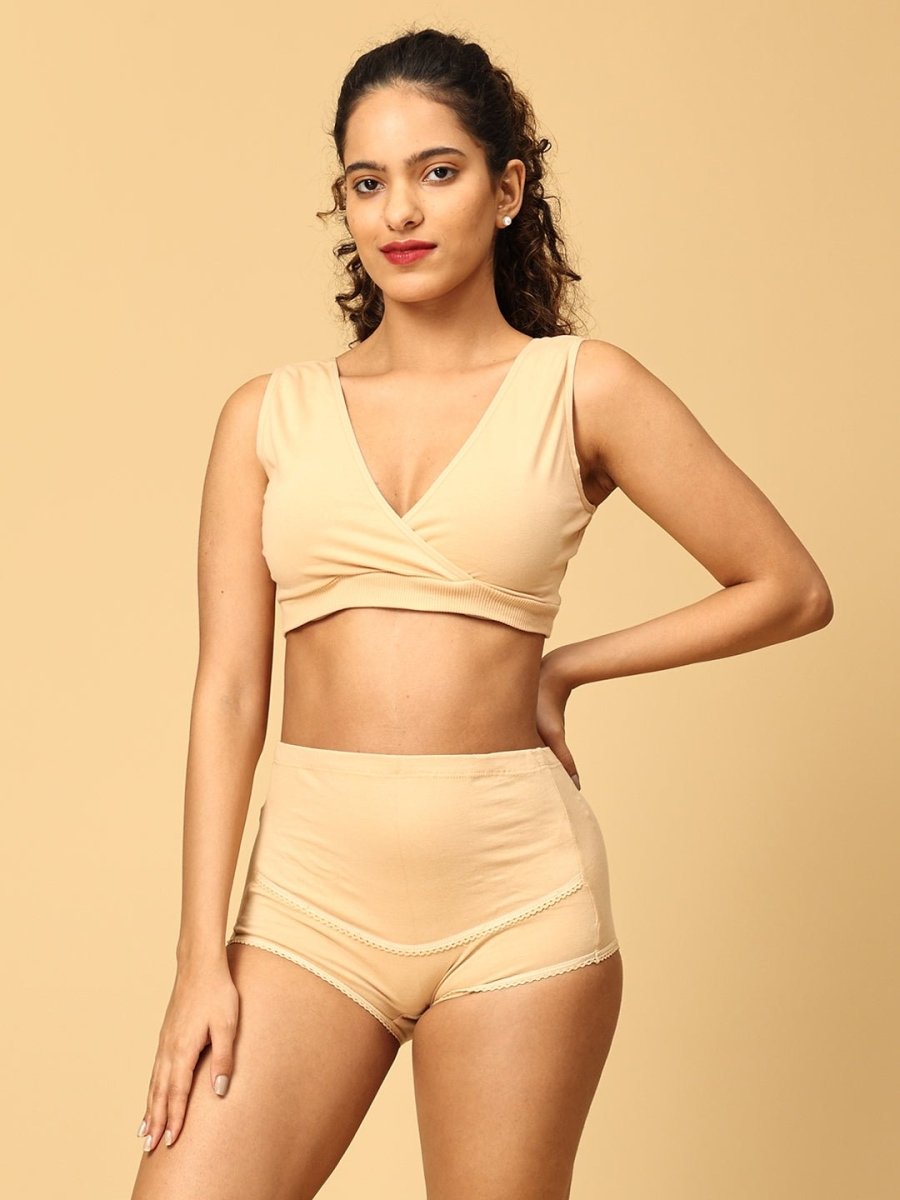 Combo Of Maternity Nursing Sleep Bra and Overbelly Support Panties -Beige - LNGR2-AN-BGE-S