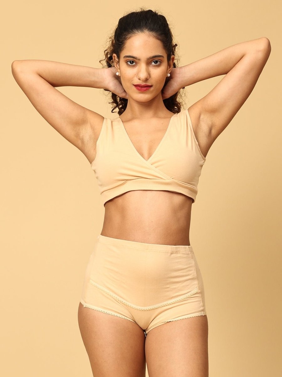 Combo Of Maternity Nursing Sleep Bra and Overbelly Support Panties -Beige - LNGR2-AN-BGE-S