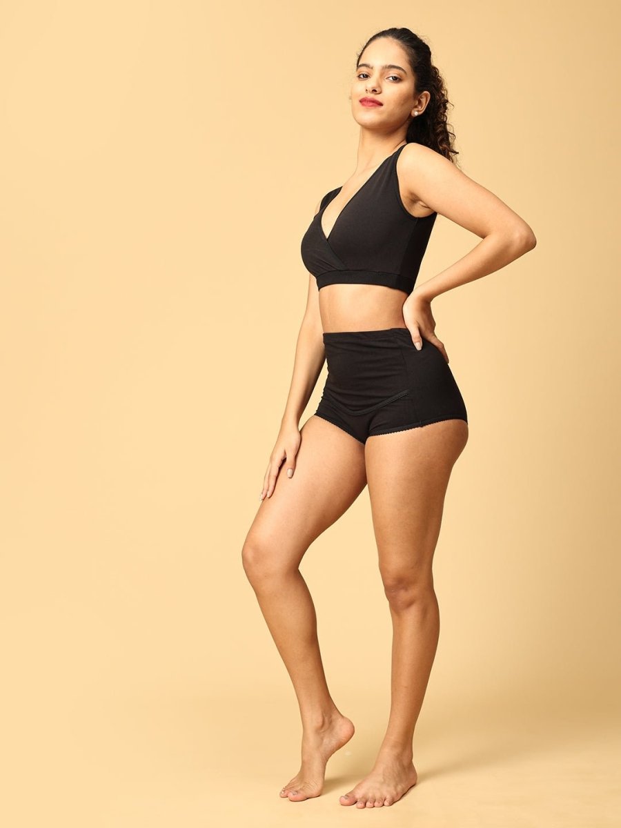 Combo Of Maternity Nursing Sleep Bra and Overbelly Support Panties -Black - LNGR2-AN-BLK-S
