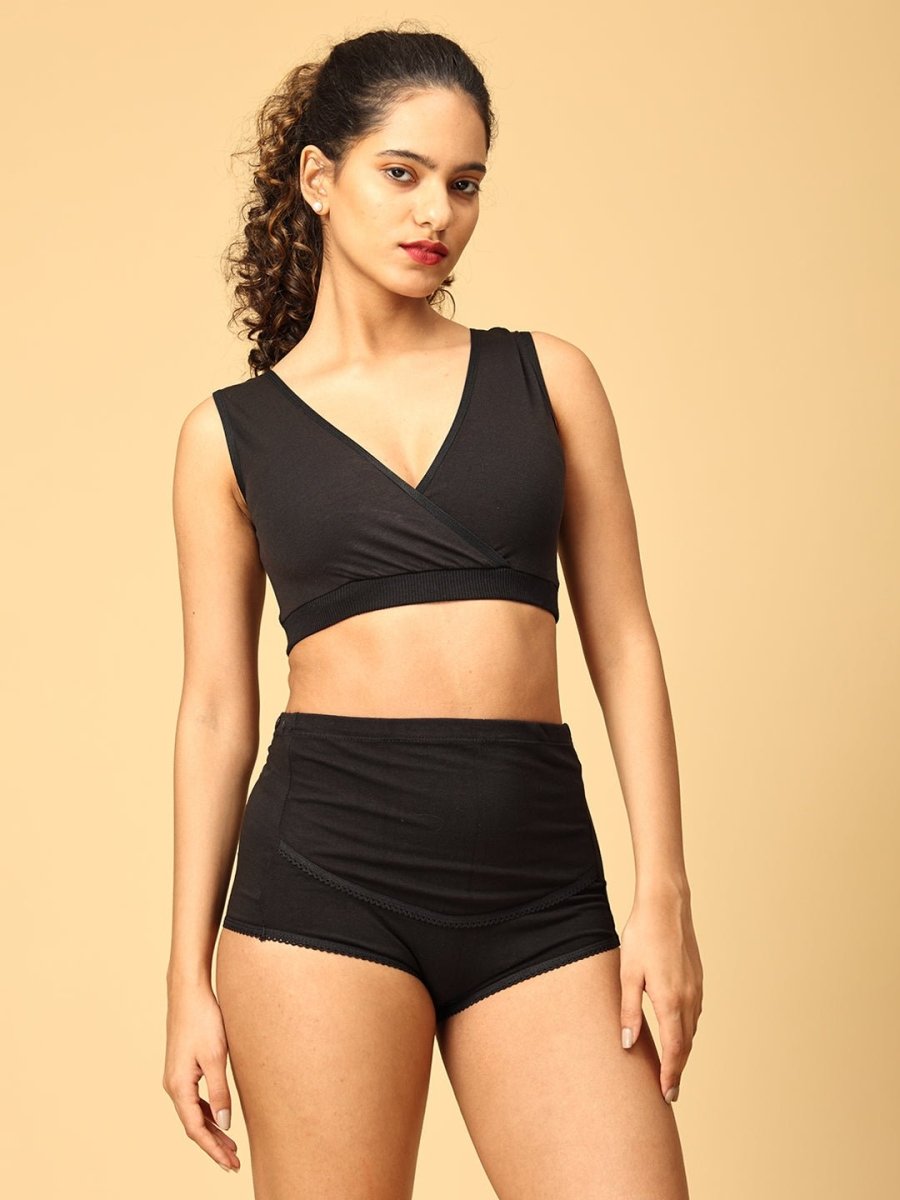 Combo Of Maternity Nursing Sleep Bra and Overbelly Support Panties -Black - LNGR2-AN-BLK-S