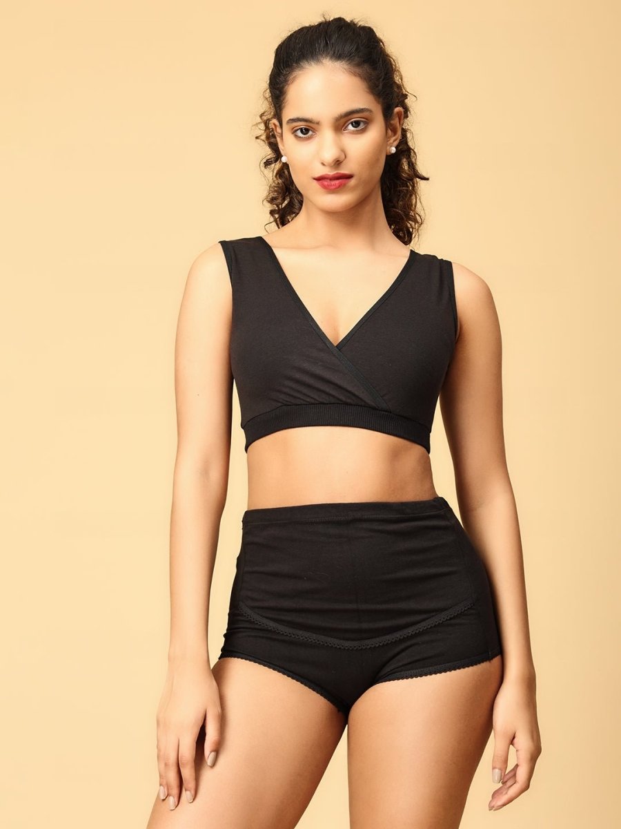 Combo Of Maternity Nursing Sleep Bra and Overbelly Support Panties -Black - LNGR2-AN-BLK-S