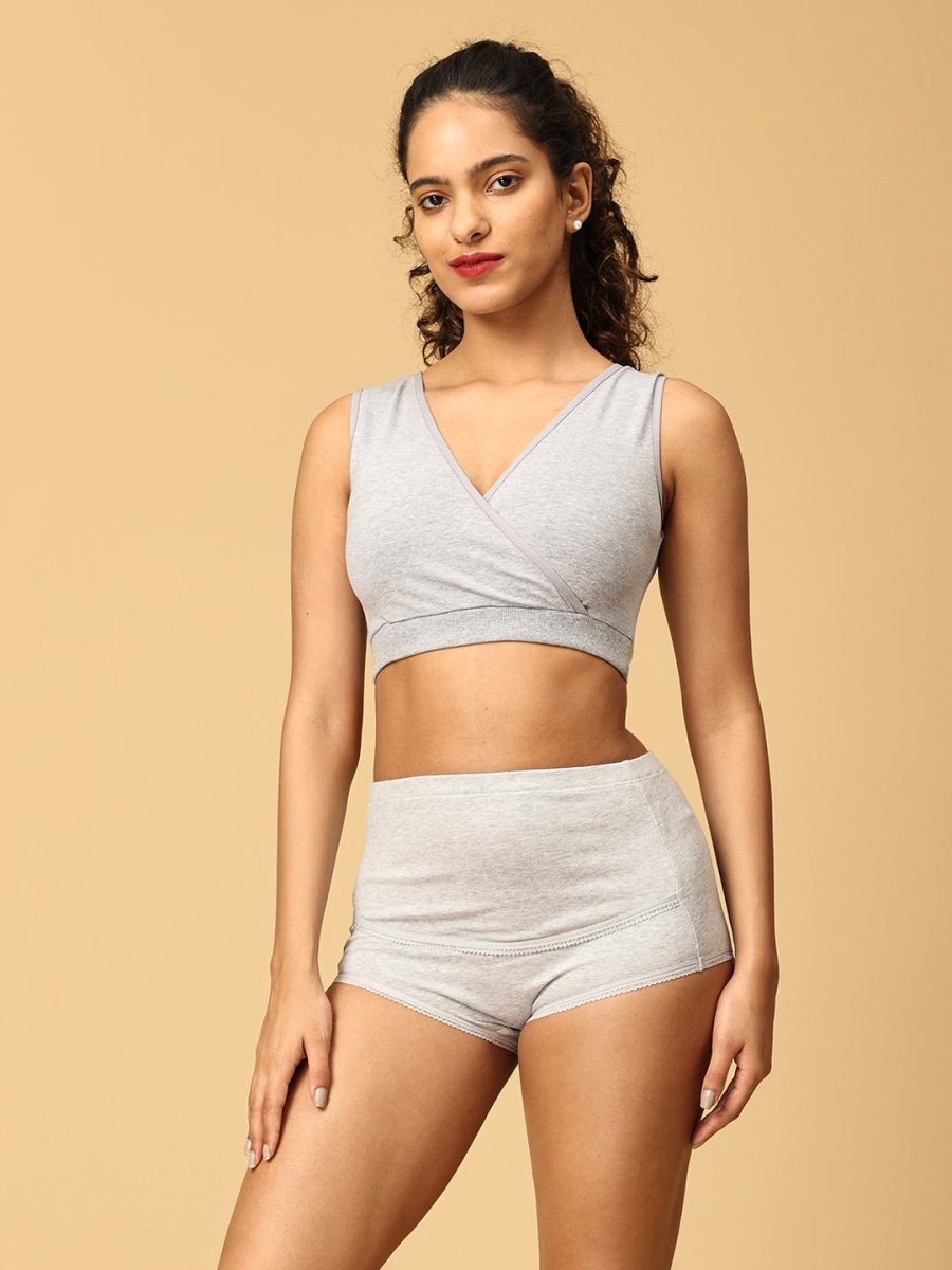 Combo Of Maternity Nursing Sleep Bra and Overbelly Support Panties -Grey - LNGR2-AN-GRY-S