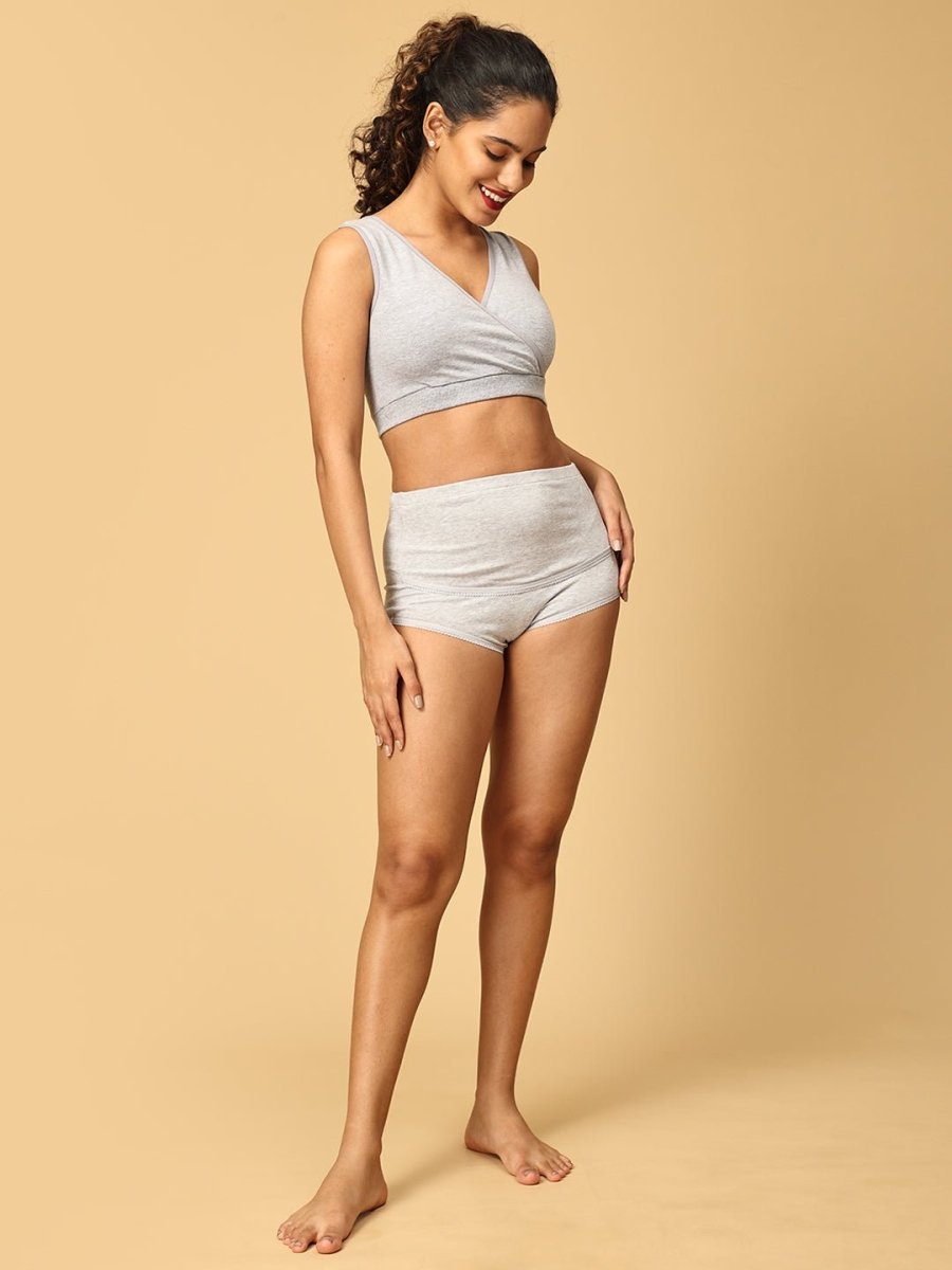 Combo Of Maternity Nursing Sleep Bra and Overbelly Support Panties -Grey - LNGR2-AN-GRY-S